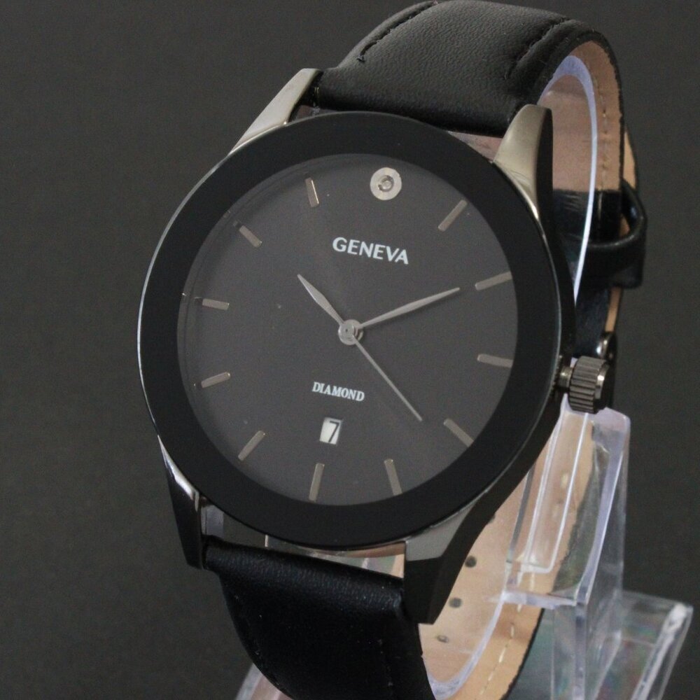 Geneva Men's Dress Watch Diamond At 12 Blacked Out Leather Strap 42mm - Picture 7 of 13